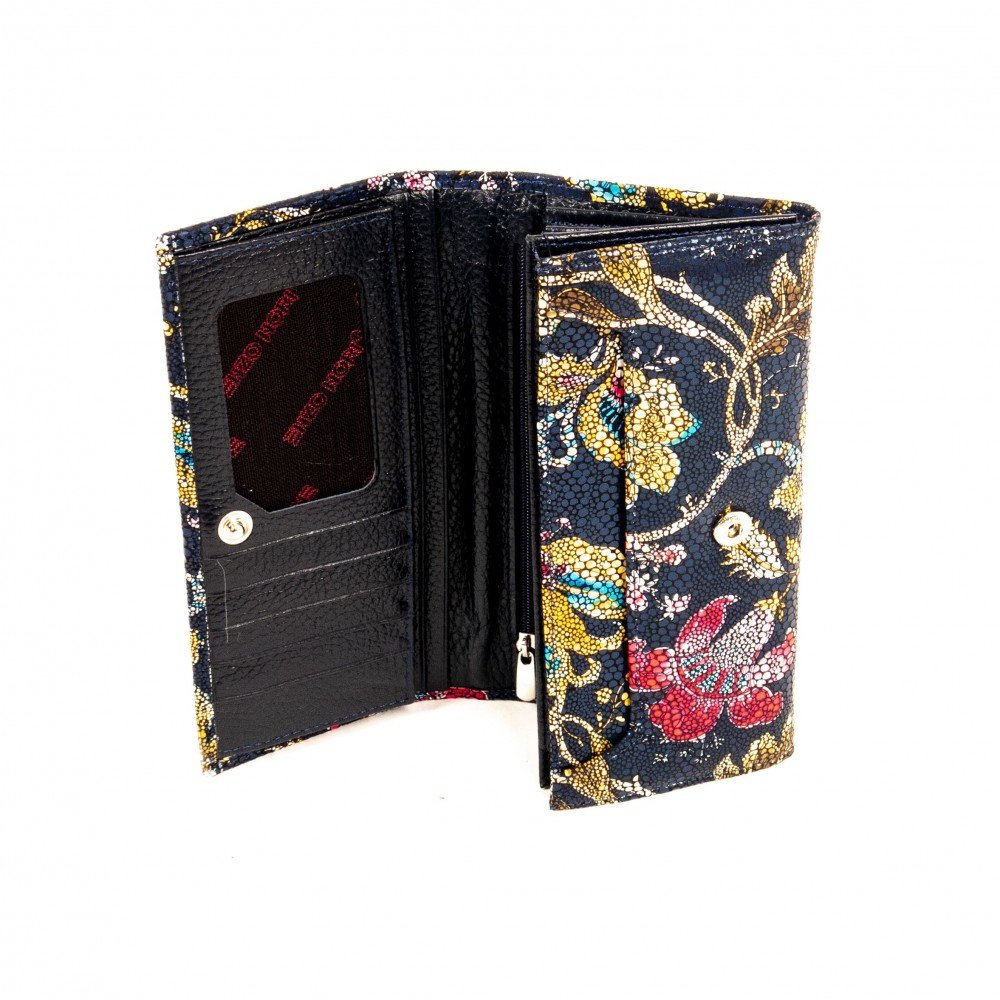 Дамско портмоне ENZO NORI модел CLASSIQUE естествена кожа син с цветя